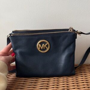 Michael Kors Dark Blue Crossbody Bag with Gold Details